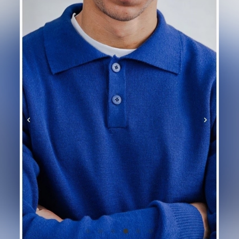 Men's Blue Knit Polo Sweater 100% Merino Wool